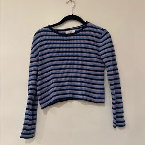 Zara Blue & Pink Striped Ribbed Long Sleeve Crop Top